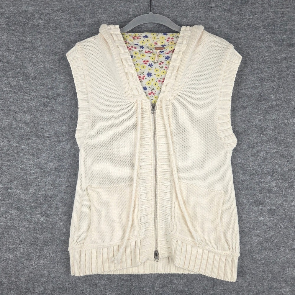 Free People Ivory Knit Hooded Zip Up Sweater Vest Floral Lined M Boho Cozy